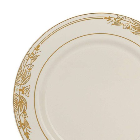 Smarty Had A Party 10.25" Ivory with Gold Harmony Rim Plastic Dinner Plates (120 plates), 120PK 640G-CASE